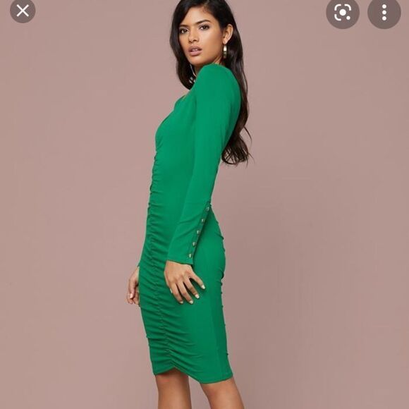 Bebe Green V-Neck Shirred Dress - Picture 2 of 15